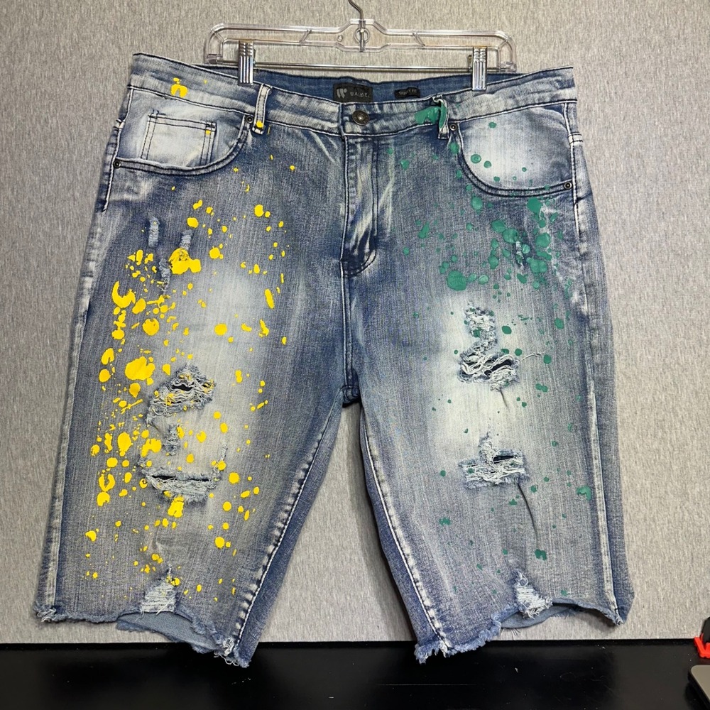 Waimea Mens Contemporary Urban Paint Splatter Distressed Denim Shorts Size 40